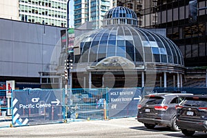 Close up View of the Pacific Centre under construction surrounded by fence on Howe Street in Vancouver
