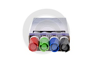 Close up view of pack of multi-colored markers isolated on white background