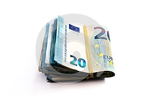 Close-up view of a package of folded 20 euro banknotes