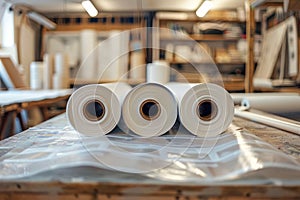 Close up View of Paper Rolls on Table in Print Production Workshop with Blurred Background