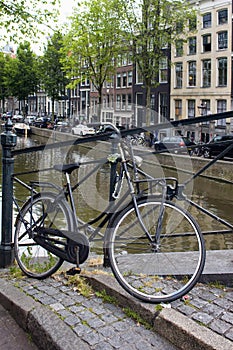 Close up view of parked bicycle in Amsterdam.