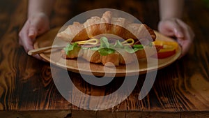 Close up view of Pastry Chef serving fresh croissant sandwich ham and cheese