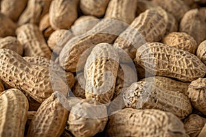 Close-up view of peanut in a shell. Food background. Top view