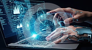 Futuristic technology interface with hands interacting with holographic displays and data visualization