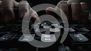 Close-Up View of Person Typing Code on Laptop Keyboard with Digital Data Overlay Representing Programming and Technology