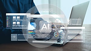 Close-Up View of a Person Using a Laptop to Explore Artificial Intelligence Technologies with Data Visualizations and