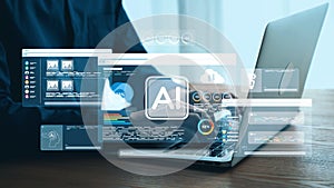 Close-Up View of a Person Using a Laptop to Explore Artificial Intelligence Technologies with Data Visualizations and