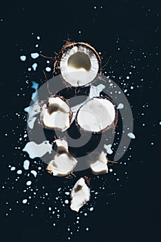 close-up view of pieces of healthy coconuts and organic coconut milk