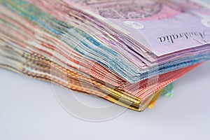 Close-Up View of Pile of Australian Banknotes Different Denominations