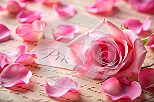 Close up of the pink rose petals on the letter photo
