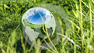 Close up view of planet earth globe crystal ball on a green grass field. Environmental protection, ecology and crystal ball of the