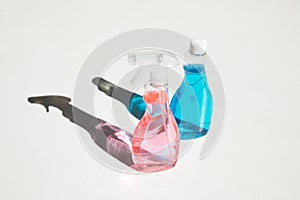 Plastic bottles of cleaning fluids