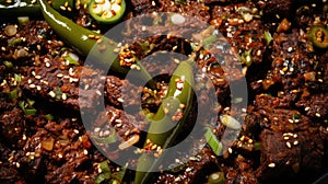 Close-up view of plate of food featuring variety of vibrant peppers