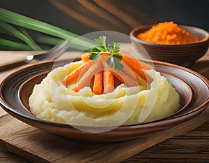 Close-up view plate of mashed potatoes with cooked carrots on brown wooden table