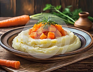 Close-up view plate of mashed potatoes with cooked carrots on brown wooden table