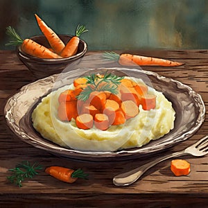 Close-up view plate of mashed potatoes with cooked carrots on brown wooden table