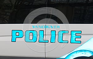 Close up View of police car `Vancouver Police` on the West Georgia Street