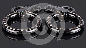 Close up view of police metal handcuffs on black background for detailed inspection and scrutiny