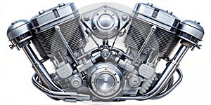 A close-up view of a polished, metallic motorcycle engine, showcasing its intricate components and mechanical design