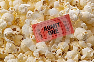 Close-up View of Popcorn and Movie Ticket