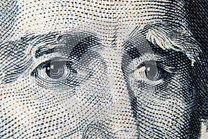 Close up view Portrait of Andrew Jackson on the one twenty dollar bill. Background of the money. 20 dollar bill with Andrew Jackso