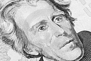 Close up view Portrait of Andrew Jackson on the one twenty dollar bill. Background of the money. 20 dollar bill with Andrew Jackso