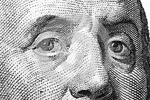 Close up view Portrait of Benjamin Franklin on the one hundred dollar bill. Background of the money. 100 dollar bill with Benjamin