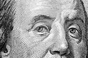 Close up view Portrait of Benjamin Franklin on the one hundred dollar bill. Background of the money. 100 dollar bill with Benjamin