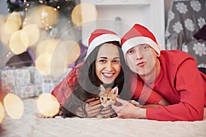 Close up view. Portrait of couple with little kitty celebrates holidays in new year clothes