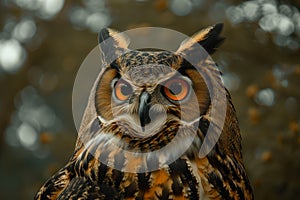 Close up view portrait of the eagle owl in the forest