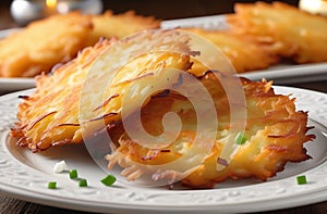 Close up view of potato pancakes. Potatoes pancakes latkes, flapjacks, hash brown or potato vada