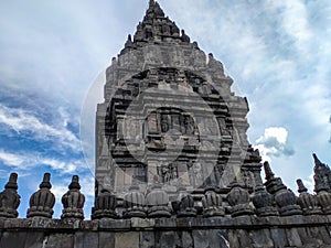 Close up view of Prambanan Temple - Historical Indonesian Hindu holy temple, with cloud and sky background