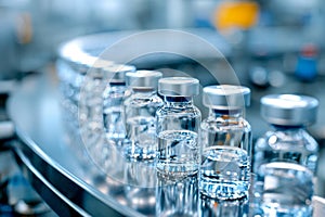 Close-up view of a production line with multiple glass vials filled with clear liquid and sealed with metallic caps in a