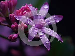 Close-up view of purple flower, with drops of water on its petals. These droplets are visible as small specks or spots