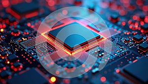Close-up view of quantum processor chip. Superconducting qubits, quantum computing architecture highlighted. Tech advancement in