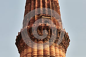 Close up view of Qutb Minar minaret tower part Qutb complex in South Delhi India red sandstone tower