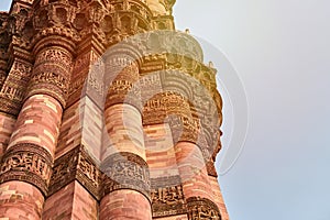 Close up view of Qutb Minar minaret tower part Qutb complex in South Delhi India red sandstone tower