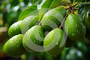 Close-up view of raindrop-covered green avocados growing on trees in an avocado farm