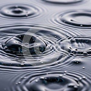 Close up view of raindrops creating ripples on a dark liquid surface