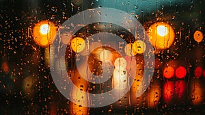 Close-up view of raindrops on window with blurred city lights in background, shot from high angle