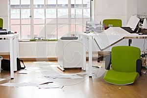 Close-up view of ransacked office