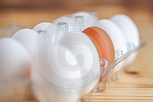 Close-up view of raw chicken eggs in egg box on wooden background