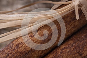 Close-up view of raw cinnamon bark and raffia sling