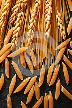 Close Up View of Raw Wheat Spikes and Penne Pasta Arrangement on Dark Background Highlighting Natural Ingredients and Food Texture