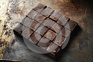A close-up view of a rectangular slab of dark chocolate, broken into individual squares on a rustic metal tray