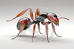 Close up view of a red and black ant on white surface