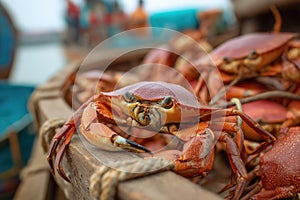 Close Up View Of Red Crabs In A Wooden