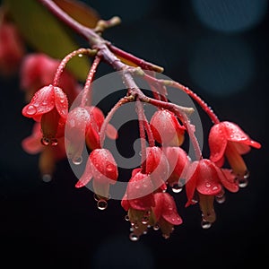 Close-up view of red flowers with droplets of water on them. These droplets are located in center of frame, and they