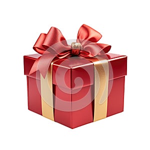 Close-up view of a red present box with a beautiful golden bow on a transparent background