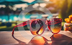 Close-up view of red sunglasses by a swimming pool on a hot sunny day .